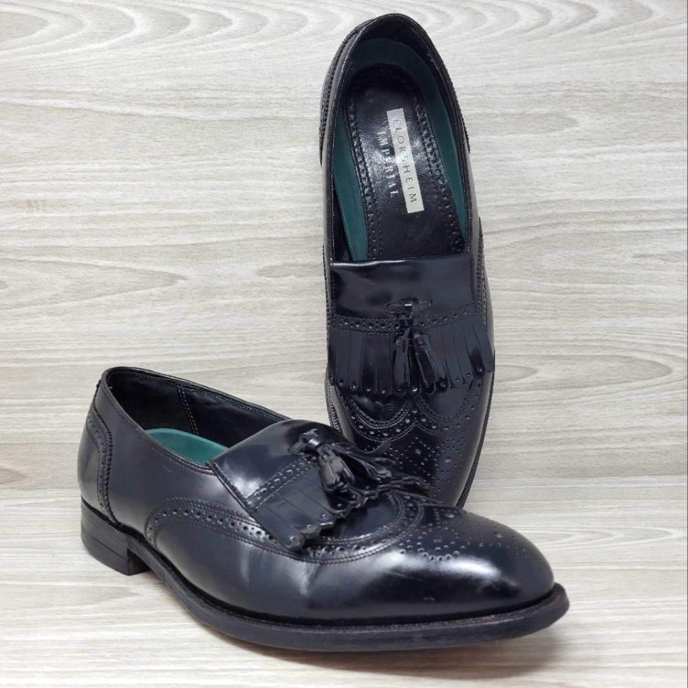 FLORSHEIM Imperial Mens 10.5 D Tassle Kiltie Wingtip Slip On Loafers Black 92257